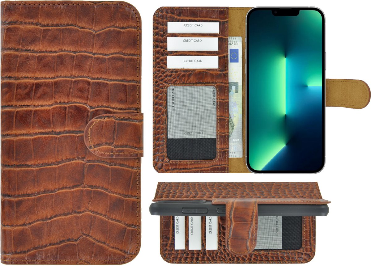 Hoesje Geschikt voor iPhone 13 Pro Max - Bookcase - Portemonnee Hoes Echt leer Wallet case Croco kaneelbruin