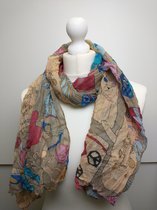 Lange dames sjaal Valere fantasiemotief bruin rood blauw roze zwart grijs geel