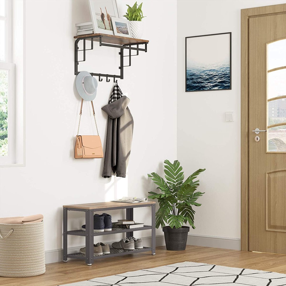 ACAZA Stevig Schoenenrek met Industriële Look - Rek voor Schoenen met Zwart Frame en Bankje in Lichte Eik Kleur - 73x30x45cm ACAZA Stevig Schoenenrek met Industriële Look - Rek voor Schoenen met Zwart Frame en Bankje in Lichte Eik Kleur - 73x30x45cm