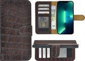 iPhone 13 Pro Hoesje - Bookcase - Portemonnee Hoes Echt leer Wallet case Croco Chocoladebruin