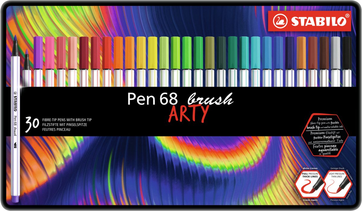STABILO Pen 68 Brush - Premium Brush Viltstift - Met Flexibele Penseelpunt - ARTY Metalen Etui Met 30 Verschillende Kleuren