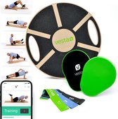 Vesta+ Balance Board wood + Fitness App + 3X bandes de fitness + 2X Slider - Le gagnant du test Balance Board, planche d'équilibre en eikenhout durable, planche d'équilibre oscillante pour adultes