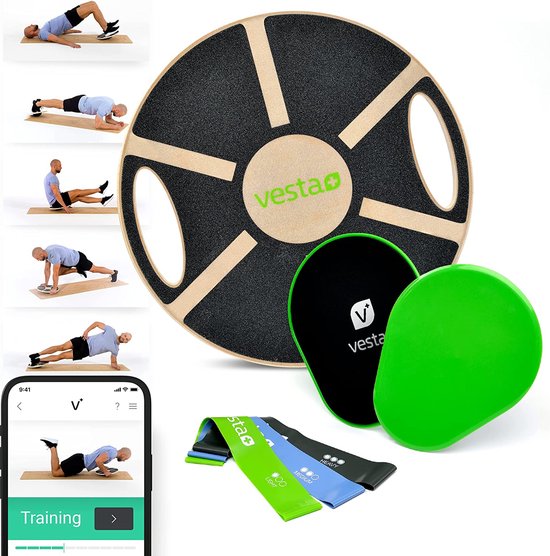 Vesta+ Balance Board hout + Fitness App + 3X fitnessbanden + 2X Slider