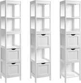 hoge kast, badkamermeubel, opslag van badkameraccessoires, met 2 lades en 3 open vakken, 30 x 30 x 141,5 cm, badkamer, woonkamer, keuken, wit BBC66WT