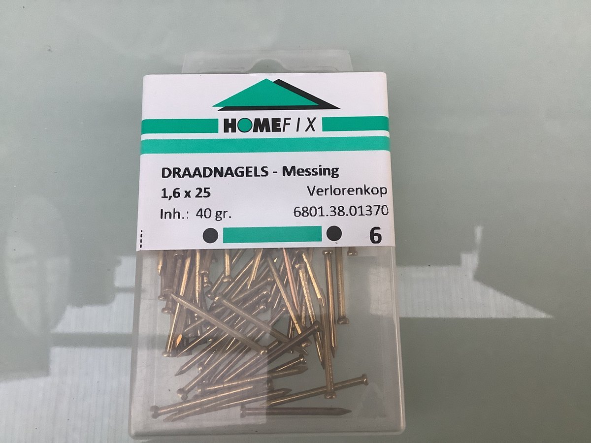 Homefix messing spijkers verloren kop. 1.6 x 25 mm.  40 gram Draadnagels.