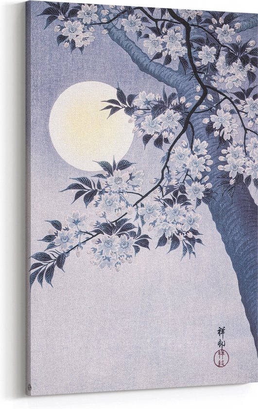 Schilderij op Canvas - 40 x 60 cm - Bloeiende kers op een maanverlichte nacht - Japanse kunst - Ohara Koson - Wanddecoratie - Muurdecoratie - Slaapkamer - Woonkamer