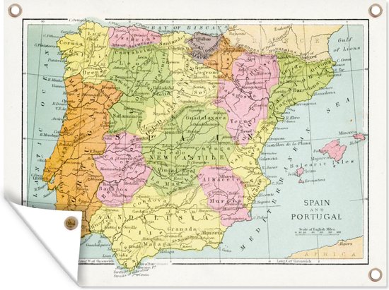 Tuin decoratie Vintage kaart van Spanje en Portugal - 40x30 cm - Tuindoek - Buitenposter
