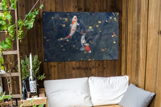 Poster de jardin Deux corsaires koï nageant entre les feuilles - 120x80 cm - Jardin