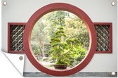 Tuinposter - Tuindoek - Tuinposters buiten - Uitzicht op bonsai bomen door een rond raam - 120x80 cm - Tuin