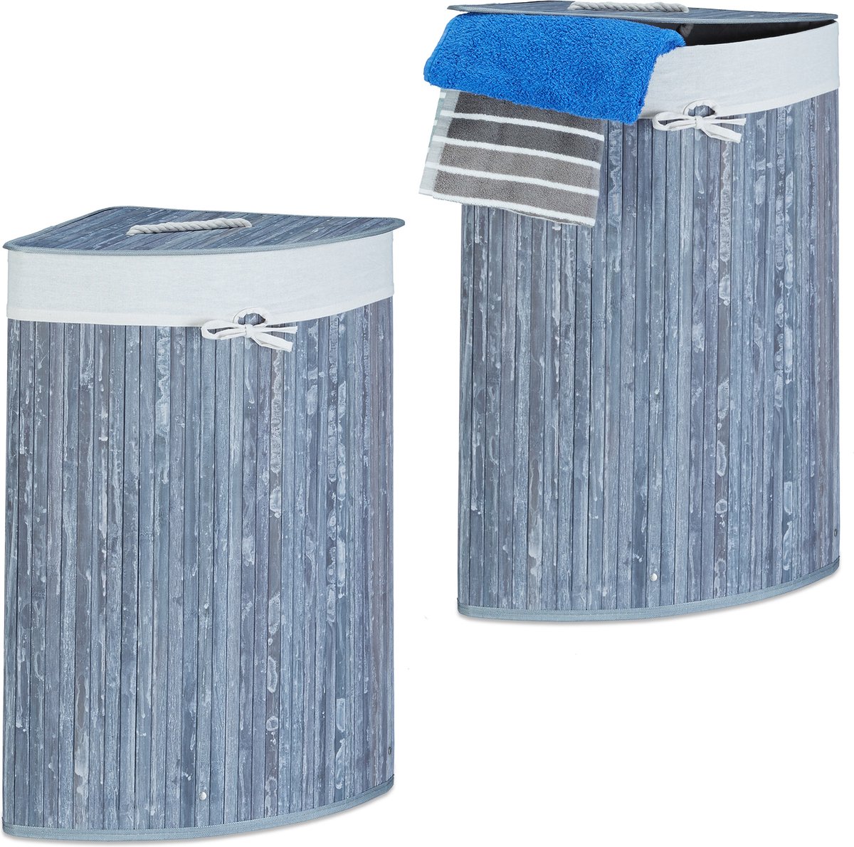 Goedkoopste 2x wasmand hoekmodel bamboe - 60 liter - deksel - wasbox - driehoekig - grijs