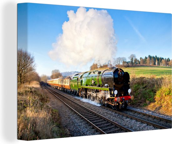 Canvas Schilderij Trein - Natuur - Blauw - 60x40 cm - Wanddecoratie