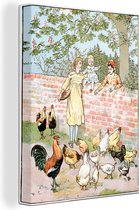 Canvas Schilderij Illustratie van het voeren van de kippen op de boerderij - 60x80 cm - Wanddecoratie
