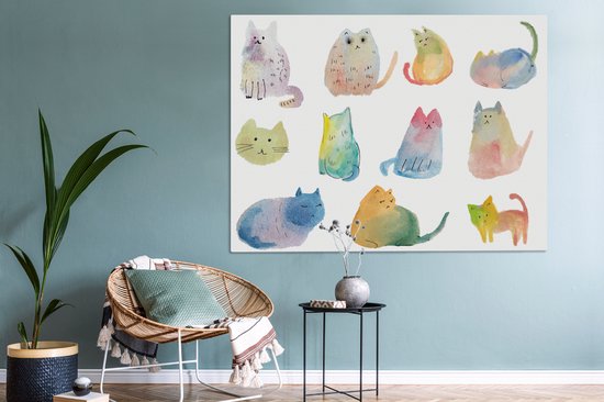 Canvas schilderij 160x120 cm - Wanddecoratie Katten - Illustratie - Kleuren - Muurdecoratie woonkamer - Slaapkamer decoratie - Kamer accessoires - Schilderijen