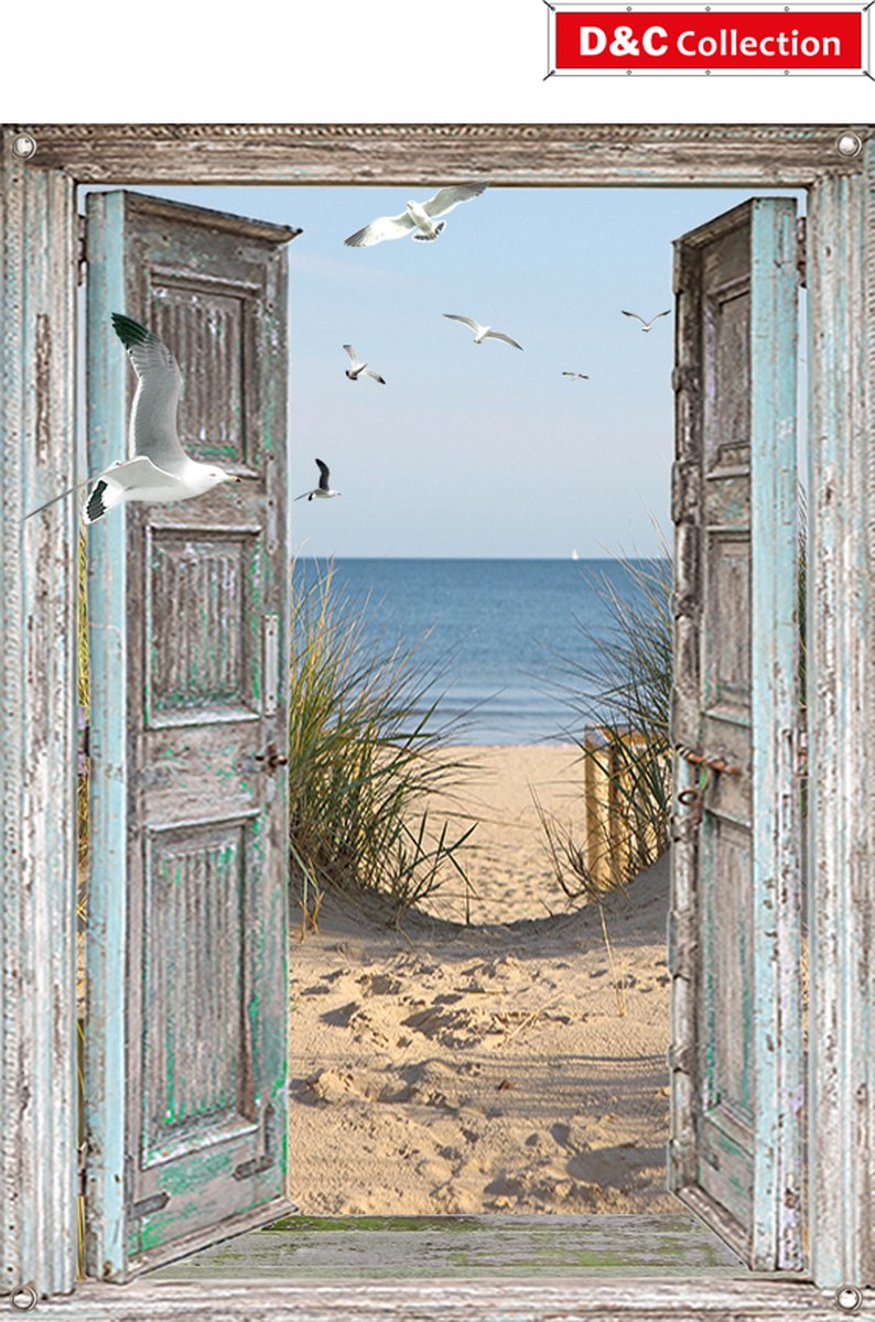 Tuinschilderij zeezicht - tuinposter - 65x90 cm - doorkijk - deuren - strand en duinovergang -meeuwen - tuin decoratie - tuinposters buiten - schuttingposter - tuinschilderij