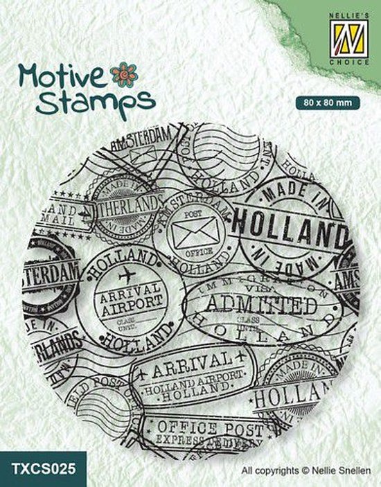 TXCS025 Nellie Snellen Motive clearstamp Postmarks - Holland serie - stempel arrival Schiphol vliegtuig paspoort - post stempels achtergrond