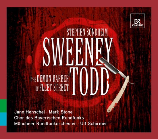 Albumhoes voor Sweeney Todd: The Demon Barber of Fleet Street. Met een scheermesje, bloeddruppels en de namen van de cast. Titel in witte letters.