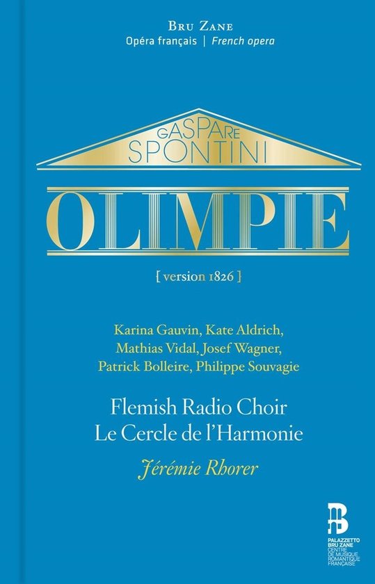 Boek met gouden tekst 'Gaspare Spontini Olimpie' op blauwe achtergrond.