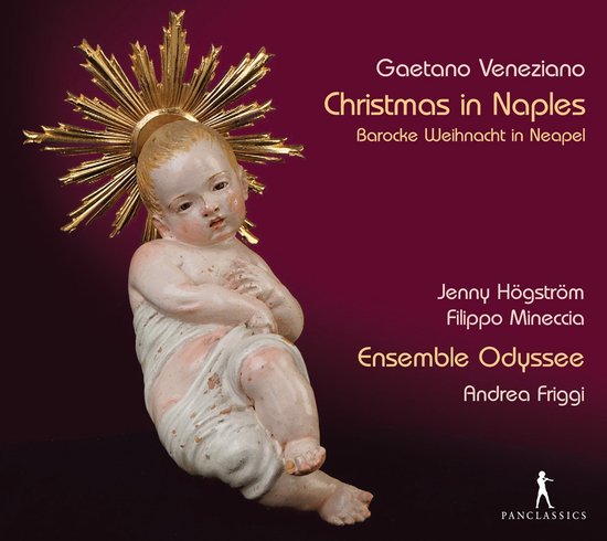 Een beeld van een baby Jezus met een gouden aureool, met de titel "Gaetano Veneziano Christmas in Naples".