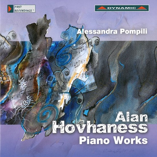 Abstracte kunst met bladmuziek, spiraalvormen en paarse gloed. Titel: Alan Hovhaness Piano Works. Artiest: Alessandra Pompili.