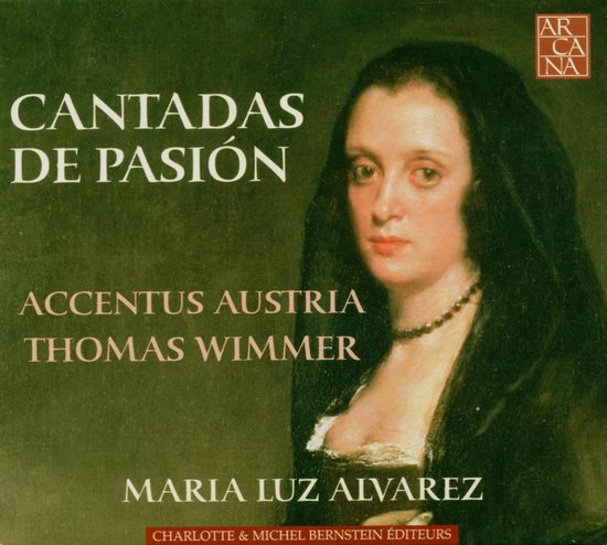 Albumhoes met schilderij van een vrouw in zwart gewaad en parelketting, met de tekst 'CANTADAS DE PASIÓN' en namen.
