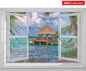 D&C Collection - tuinposter - 90x65 cm - doorkijk - wit luxe venster romantische rieten hut in caribische zee - tuin decoratie - tuinposters buiten - schuttingposter - tuinschilder