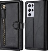 Samsung Galaxy S21 Plus Book case met ritssluiting van LuxeBass - Flipcover - Magnetisch - 5 kaarten houder - Zwart - telefoonhoes - gsm hoes - telefoonhoesjes