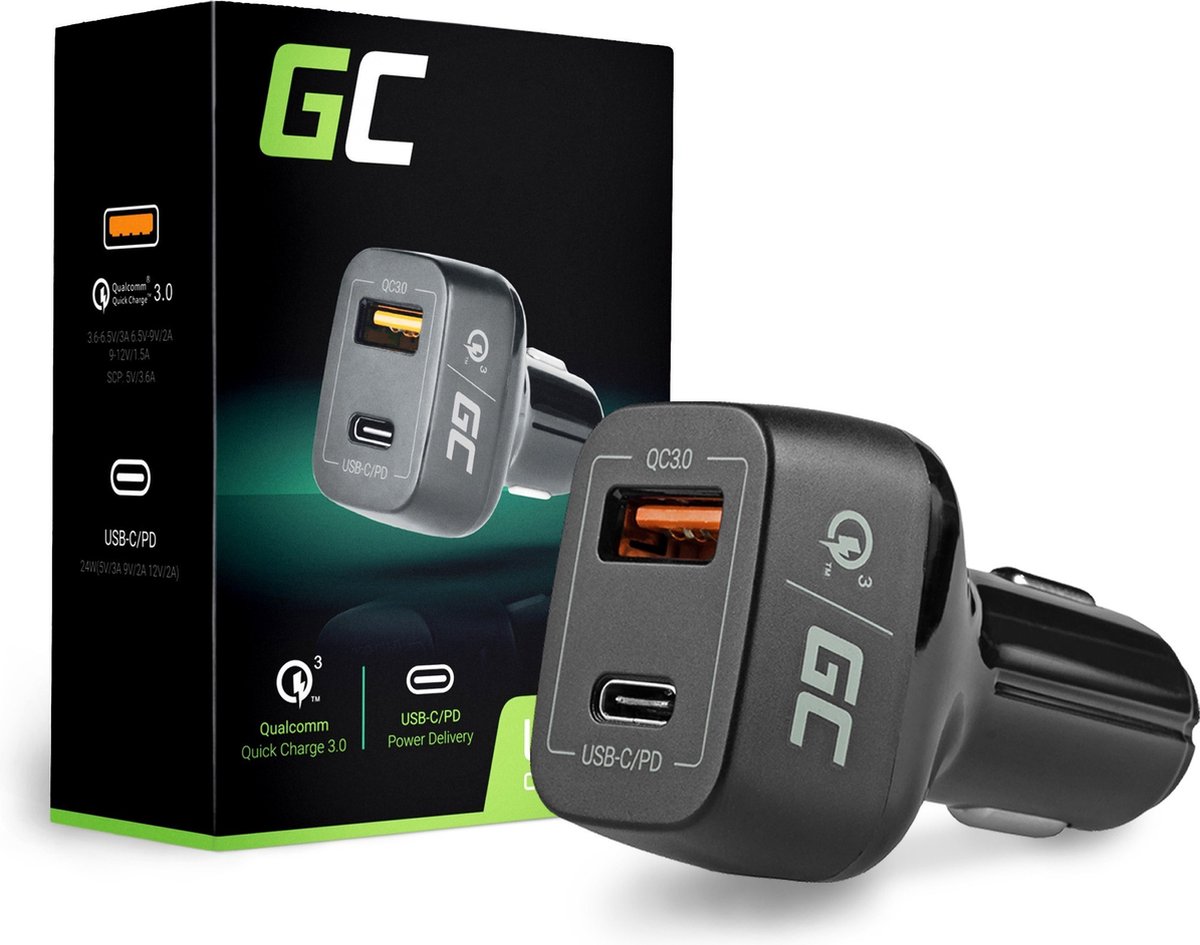 Green Cell Autolader - USB-C Power Delivery En USB3.0 Quick Charge - Zwart
