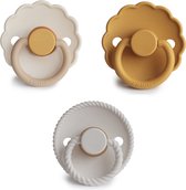 Frigg fopspeen - maat 2 6-18 maanden - 3 stuks - rope silver gray - daisy chamomile - daisy honey gold•