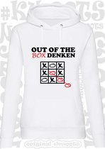 OUT OF THE BOX DENKEN dames hoodie - Wit - Maat XS - lange mouwen - Met capuchon en steekzakken - grappige teksten - leuke truien | sweaters - humor - quotes - kwoots - kado - cade