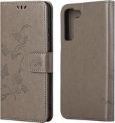 Bloemen Book Case - Samsung Galaxy S22 Plus Hoesje - Grijs