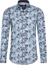 Heren overhemd Lange mouwen - MarshallDenim - bloemenprint Blauw - Slim fit met stretch - Maat M