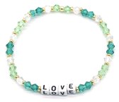 Armband Dames - Glaskralen LOVE - Elastisch - Groen