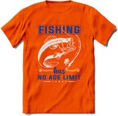 Fishing Has No Age Limit - Vissen T-Shirt | Blauw | Grappig Verjaardag Vis Hobby Cadeau Shirt | Dames - Heren - Unisex | Tshirt Hengelsport Kleding Kado - Oranje - 3XL