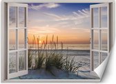 Trend24 - Behang - Raam - Zonsondergang Op Het Strand - Vliesbehang - Fotobehang Natuur - Behang Woonkamer - 210x150 cm - Incl. behanglijm