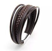 Armband Heren- Bruin Zwart Snoeren - Mannen - Armbandje 21 CM - Leer RVS - Cadeau voor mannen - Vaderdag geschenk