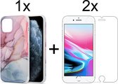 iPhone 7/8/SE 2020 Hoesje Marmer Roze/Blauw Siliconen Case - 2x iPhone 7/8/SE 2020 Screenprotector