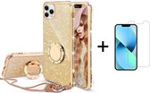 Apple iPhone 13 Mini | Ring Houder | Back Cover Telefoonhoesje | Glitter | TPU Hoesje | Goud + 1x Screenprotector
