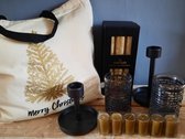 Kerstpakket - goud - industrieel - tas/kaarsen/windlichten/kandelaars