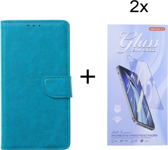 Samsung Galaxy A22 4G - Bookcase Turquoise - étui portefeuille avec 2 protections d'écran en Glas