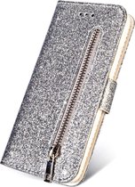 Bookcase Geschikt voor: Oppo A94 Glitter met rits - hoesje - portemonnee hoesje - Zilver