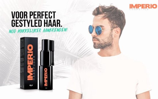 Man met gestyled haar en zonnebril. Verpakking van IMPERIO haarpoeder. Tekst: 'Voor perfect gestyled haar. Nog makkelijker aanbrengen!'.