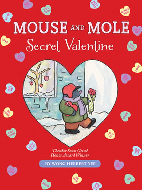 Boekcover 'Mouse and Mole: Secret Valentine' met een mol in een hartvormig raam die bloemen vasthoudt. Rode achtergrond met hartjes snoepjes.