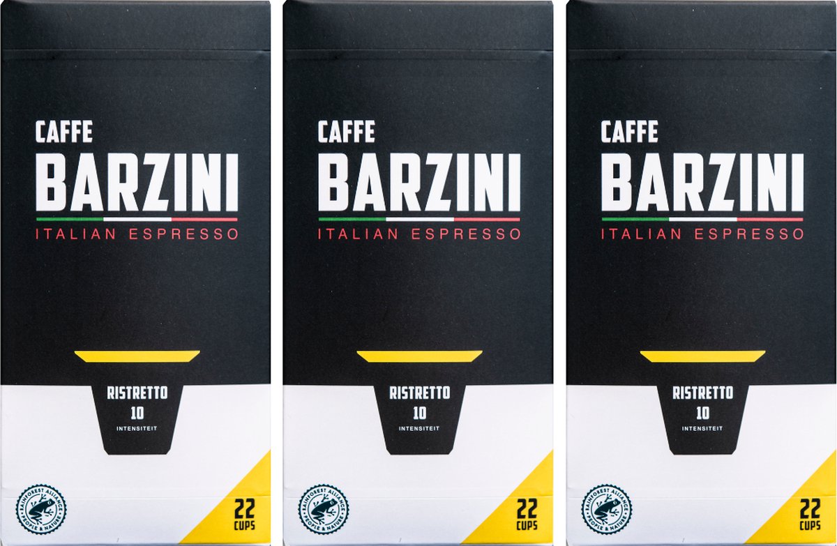 Barzini Ristretto Cups - 3x 22 cups - Totaal 66 capsules - 100% Rainforest Alliance koffie cups - koffiecapsules