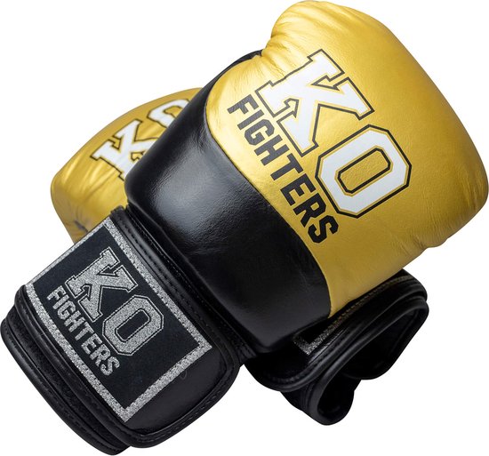 Gouden en zwarte bokshandschoenen met KO FIGHTERS logo.