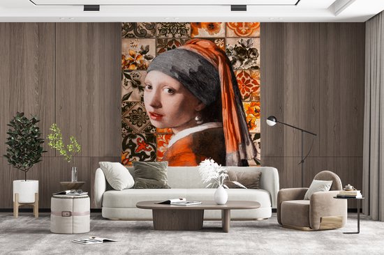 Papier Peint - Papiers Papier peint photo Vieux Maîtres - Jeune Fille à la Perle - Oranje - Zwart - Largeur 195 cm x hauteur 260 cm