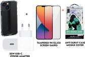 3-In-1 Anti Burst Transparant Hoesje met Tempered Glass Screen Protector Geschikt Voor Apple iPhone 13 Pro + 20W USB-C Power Adapter - iPhone 13 Pro Transparant Backcover TPU