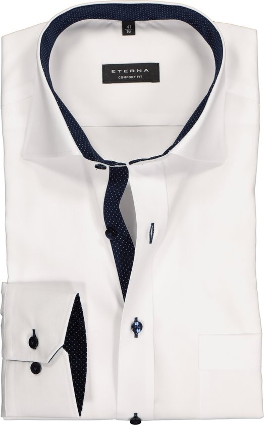 ETERNA Comfort Fit overhemd - wit fijn Oxford (blauw contrast) - Strijkvrij - Boordmaat: