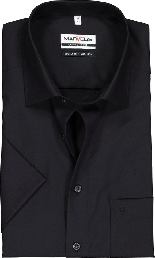 MARVELIS Comfort Fit overhemd - korte mouw - zwart - Strijkvrij - Boordmaat:
