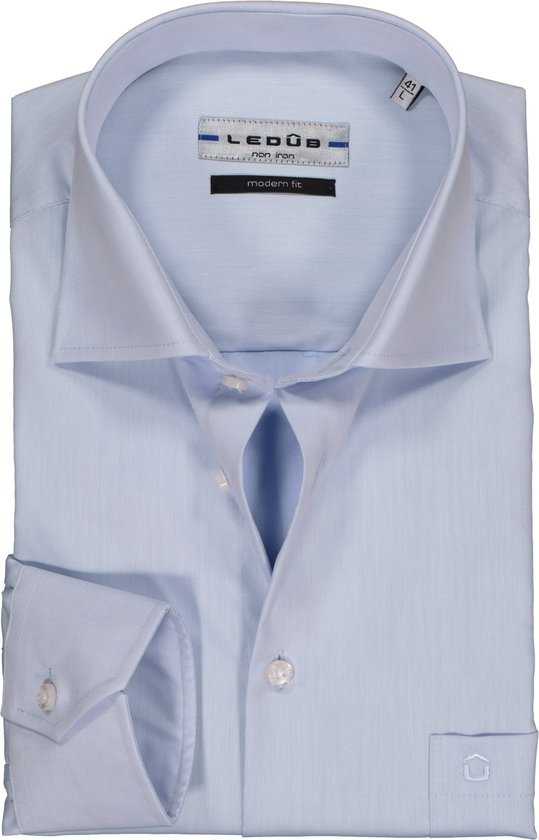 Ledub modern fit overhemd - mouwlengte 7 - lichtblauw twill - Strijkvrij - Boordmaat: 47