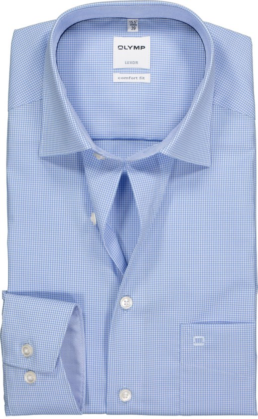 OLYMP Luxor comfort fit overhemd - lichtblauw met wit geruit (contrast) - Strijkvrij - Boordmaat: 42